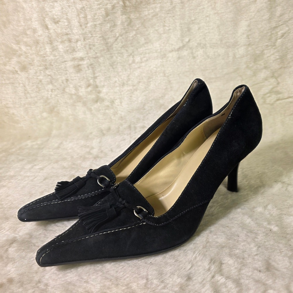 VTG Circa Joan & David Black Suede Tassel Pointed Toe Heels Womens 8M Excellent